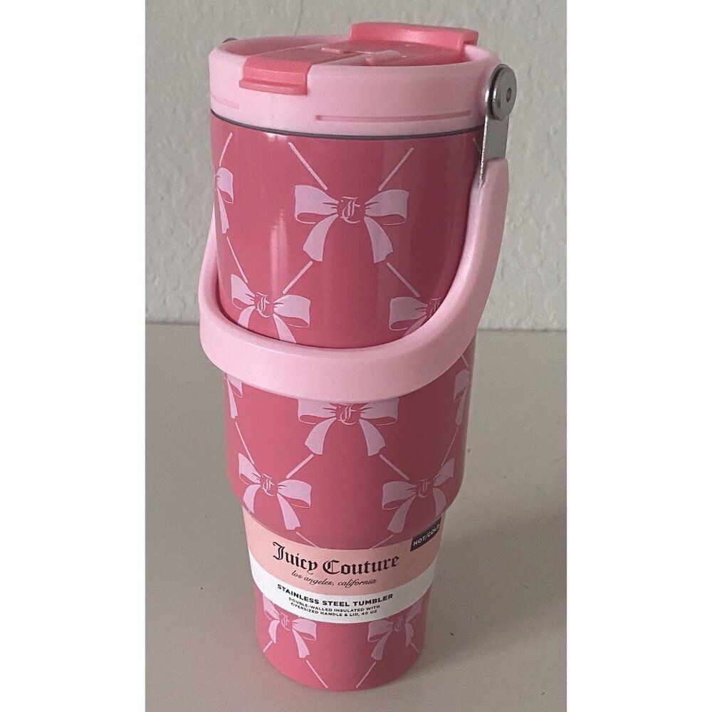Juicy Couture Pink Bows 40 Oz Tumbler Stainless Steel Steel Oversized Handle NEW